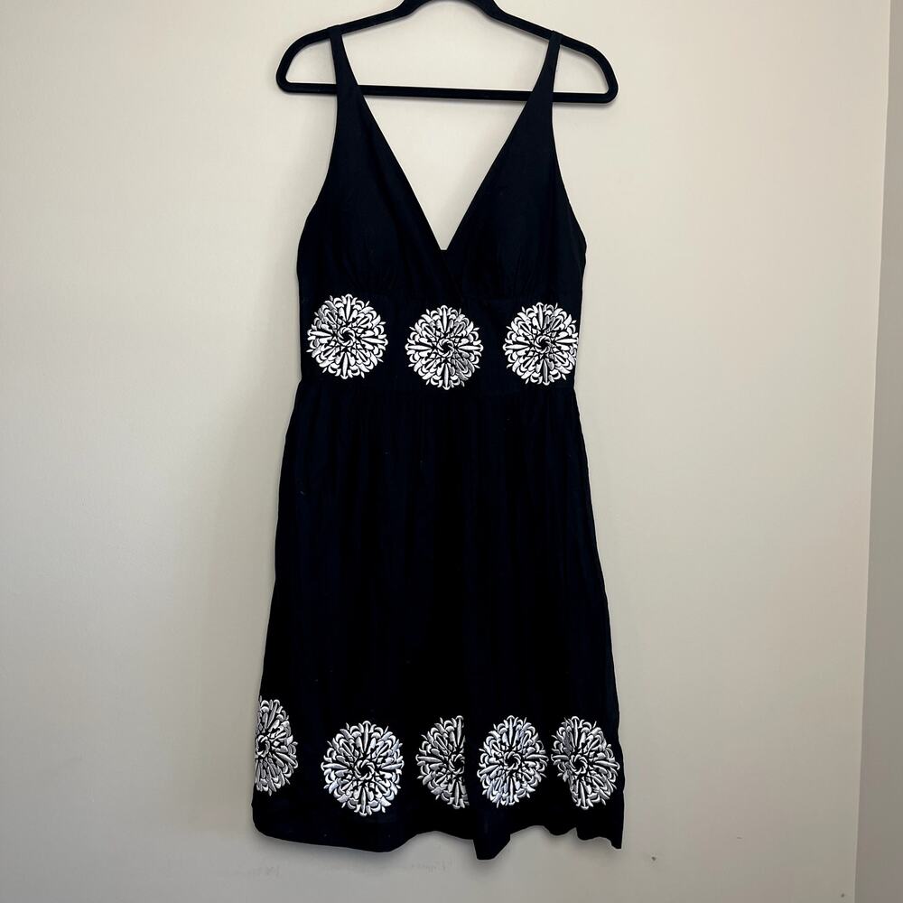 Willi Smith‎ Black Embroidered Padded Y2k V Neck Mini Dress Cotton Women's Sz 12